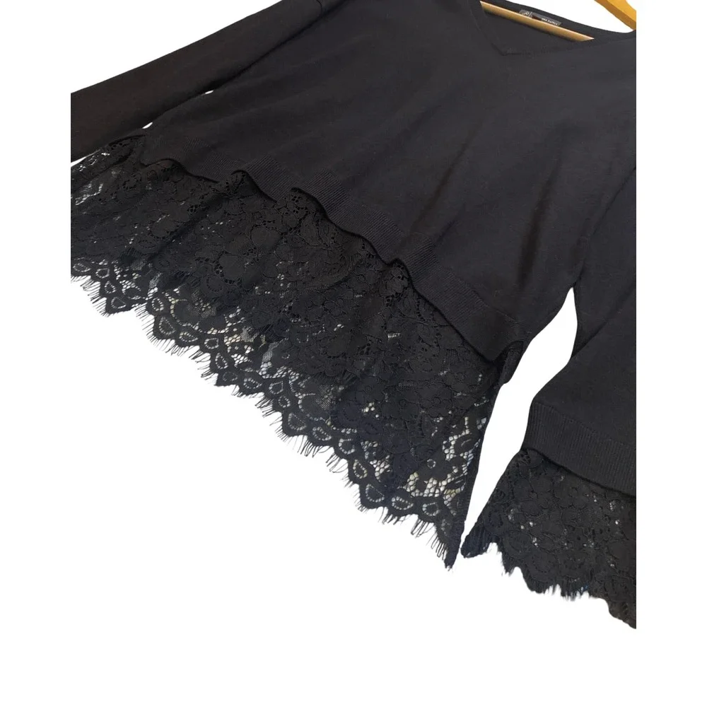 Adrianna Papell Black V-Neck Sweater with Lace Trim Size M Whimsigoth Witchy